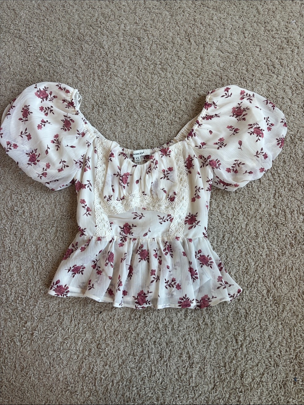 Francesca's White Peplum Blouse with Rose Print
